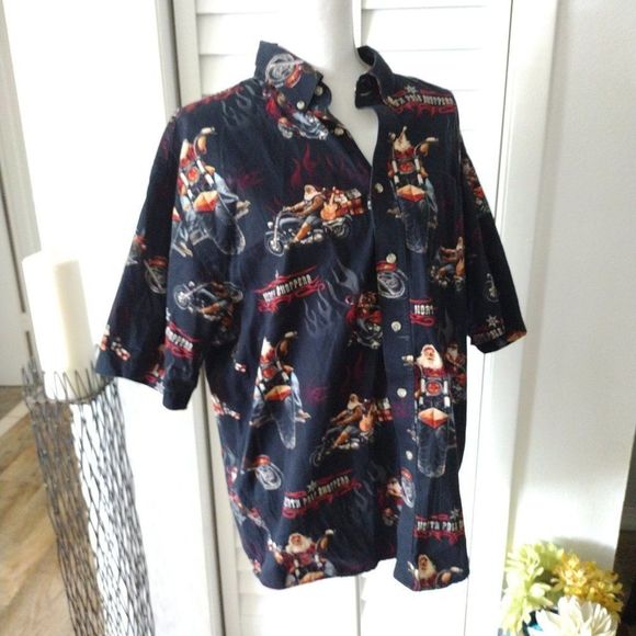 Reel Legends Santa Motorcycle North Pole Choppers button front shirt. Sz.‎ L - Picture 2 of 7